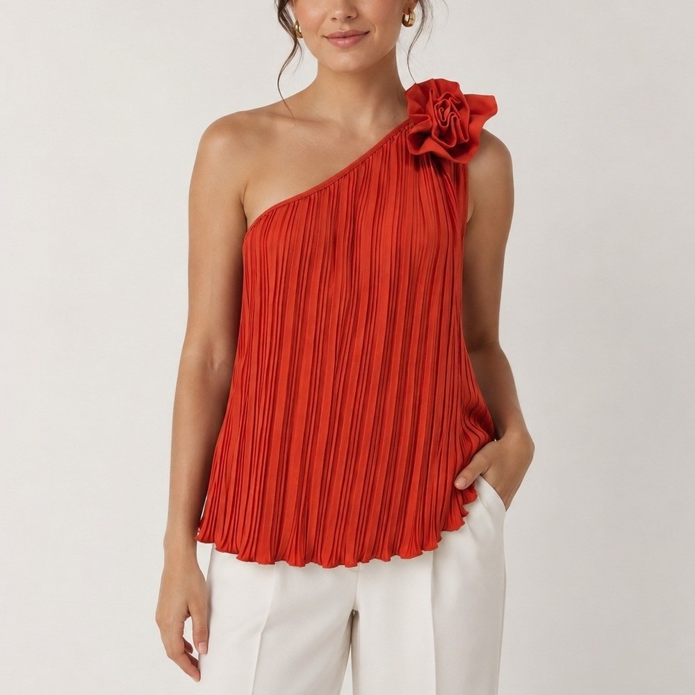 Marc New York One Shoulder Top L Tiger Lily Orange Pleated Rosette